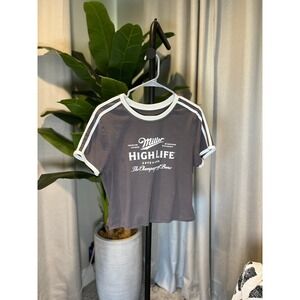 Miller High Life Ringer Tee Womens Charcoal Grey Crop Graphic T-Shirt Retro